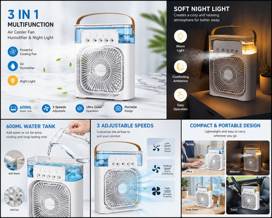 Portable Mini Air Cooler Fan with 7-Color LED Light, 3-Speed Settings & 3 Mist Modes – Compact Personal Cooling for Home, Office, Dorm & Travel